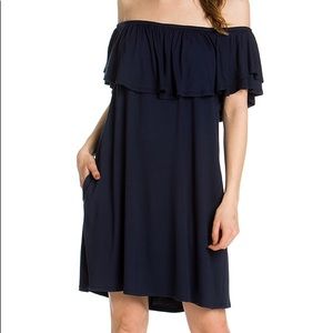 Navy cotton off the shoulder dress